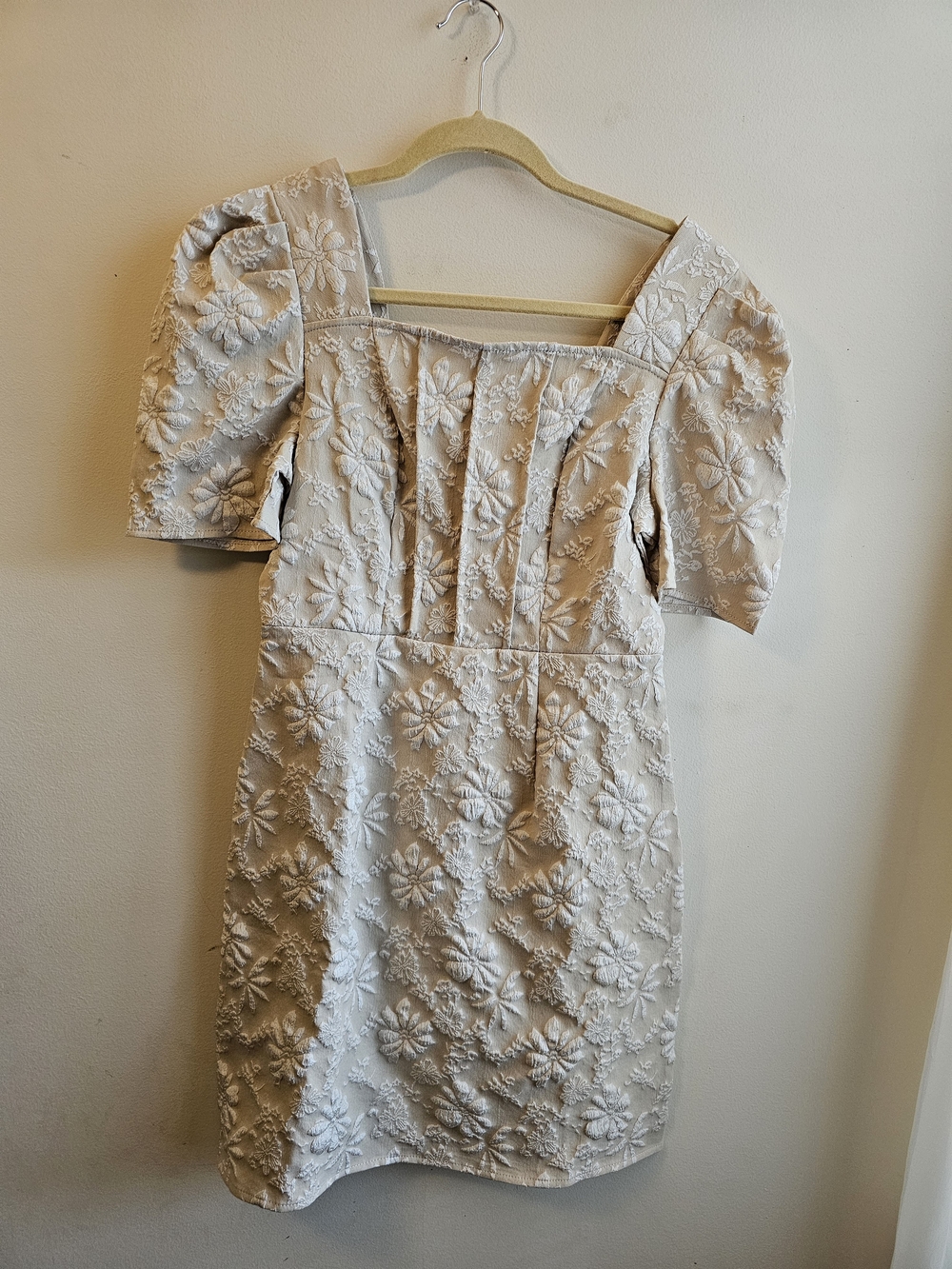 Embroidered Square-Neck Short Dress in Cream